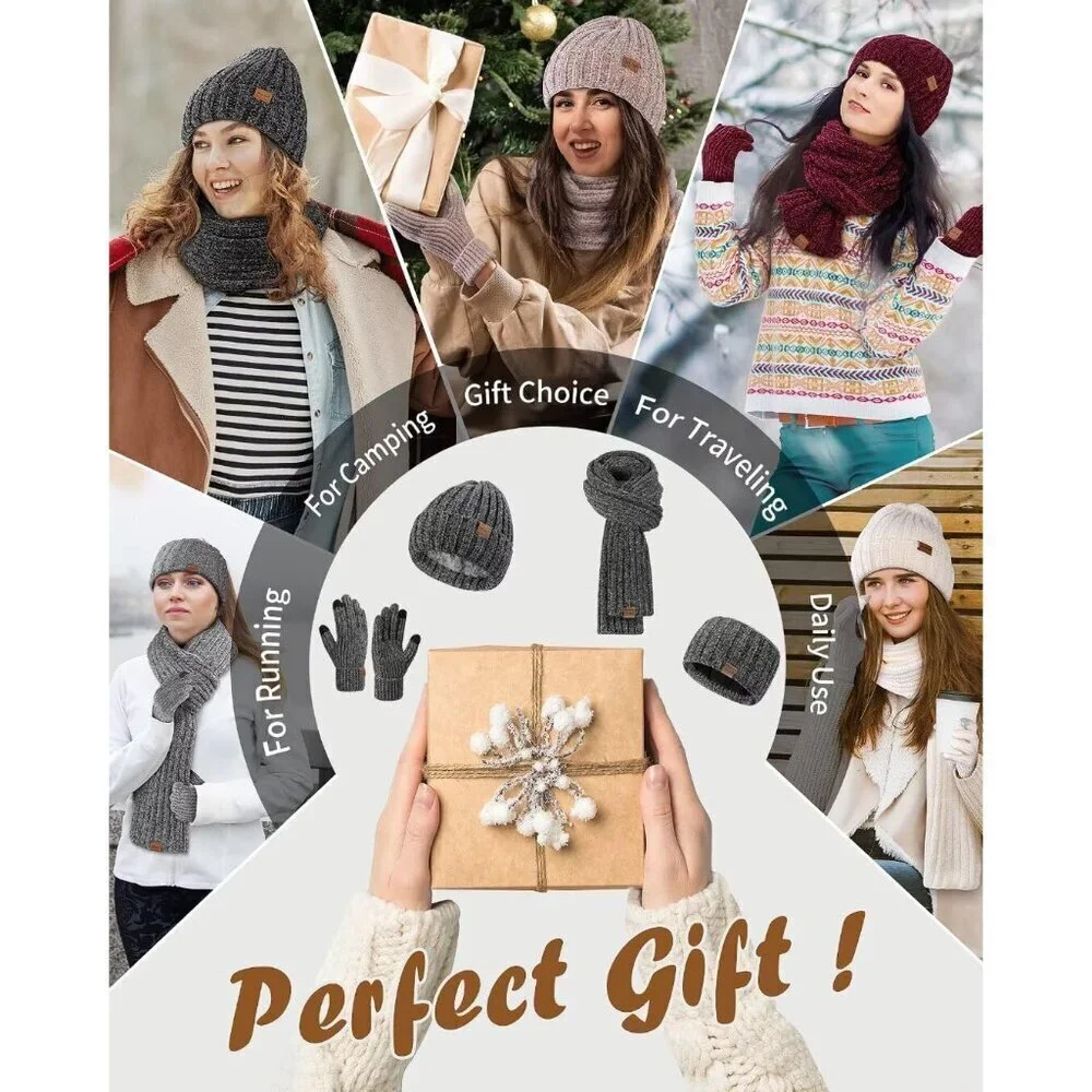 Women Winter Hat Scarf Gloves Headband Set Fleece Lined Knit Accessory